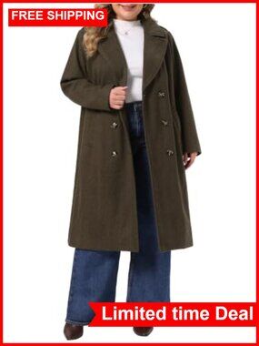 Women's Plus Size Double Breasted Long Pea Coat Herringbone A-Line Lined Winter